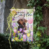 Happy Easter Labrador Dog Garden Flag Chocolate Lab Spring Flags Buffalo Plaid Bunny Eggs Yard Flag for Outside 12x18 Double Sided Small Decorative Floral Outdoor Flag