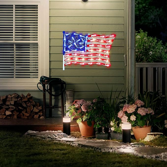 LAMPHOME 14Inch Patriotic Lighted Window Decoration,American Pride USA Flag Lighted Window Hanging - Outdoor Lighted Stars and Stripes Decoration for Home or Office
