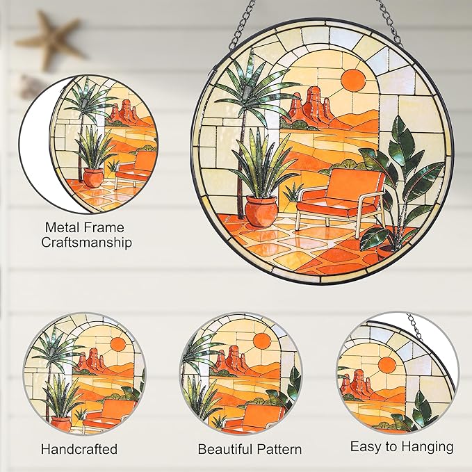 Hanging Stained Glass for Windows,20cm/7.87inch Desert Sunset Stained Glass Suncatcher with Chain Garden Diamond Glass Panel Hangings Decoration for Home Decor Gifts for Family Friends Colleagues