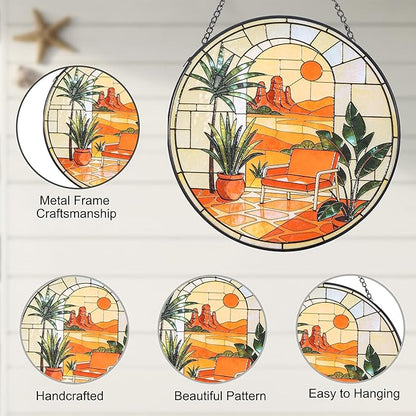 Hanging Stained Glass for Windows,20cm/7.87inch Desert Sunset Stained Glass Suncatcher with Chain Garden Diamond Glass Panel Hangings Decoration for Home Decor Gifts for Family Friends Colleagues
