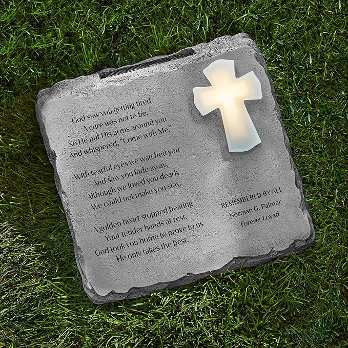 Let's Make Memories Personalized Memorial Garden Stone - Engraved Sympathy Garden Marker - Condolences - Solar Cross