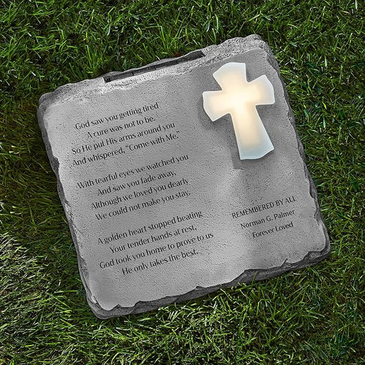 Let's Make Memories Personalized Memorial Garden Stone - Engraved Sympathy Garden Marker - Condolences - Solar Cross