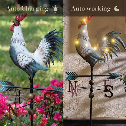 TERESA'S COLLECTIONS Garden Decor with Solar Outdoor Lights, White Rooster Yard Art Sign for Outside, 39.4'' Metal Weathervane Decorative Garden Stake for Outdoor Decor, Lawn, Gifts for Fathers Day