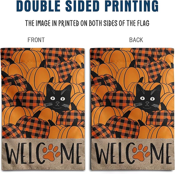 Black Cat Fall Garden Flag Pumpkin Autumn Yard Sign Thanksgiving Outdoor Decorations Porch Farmhouse Halloween Funny Banner for Outside 12x18 Double Sided Small