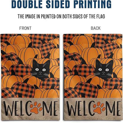 Black Cat Fall Garden Flag Pumpkin Autumn Yard Sign Thanksgiving Outdoor Decorations Porch Farmhouse Halloween Funny Banner for Outside 12x18 Double Sided Small