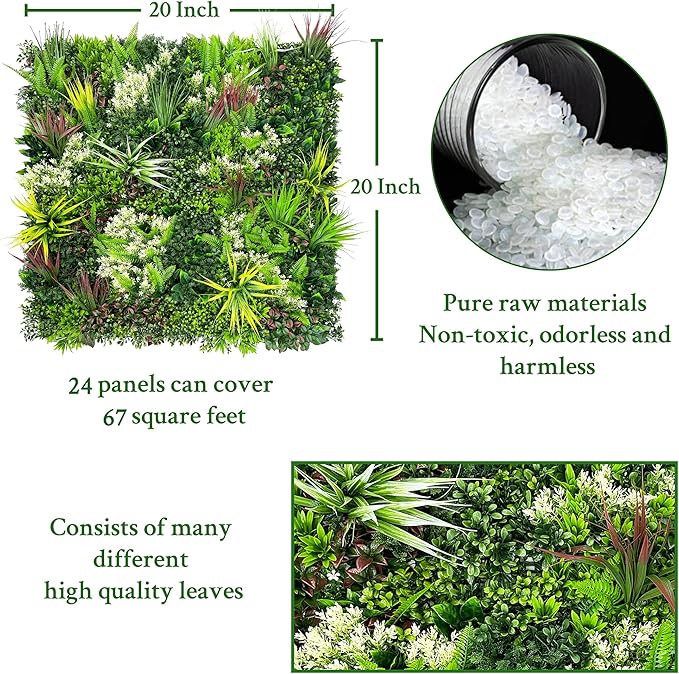 ODTORY Artificial Plant Wall Panels: 20"×20" 24P UV-Anti Faux Grass Wall Backdrop Boxwood Ivy Fence Privacy Screen Fake Greenery Leaf Hedge for Outdoor,Indoor,Garden,Backyard and Home Decor