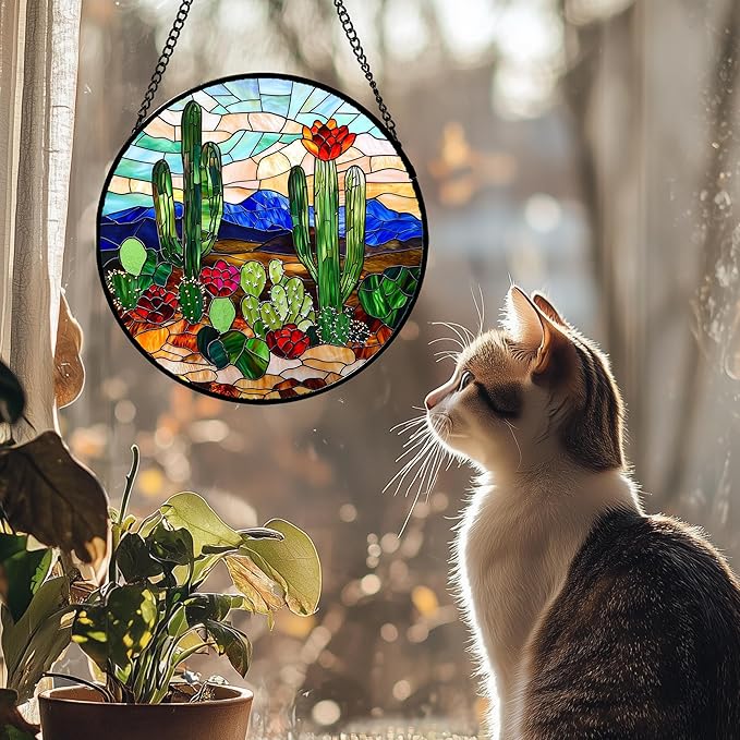 DASTOLL Stained Glass Window Hanging, Green Cactus Suncatcher for Doors Window Home Plant Landscape Sun Catchers Decoration Mother's Day Birthday Gifts for Women, Men, and Mom 7.8 in