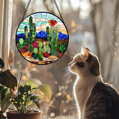 DASTOLL Stained Glass Window Hanging, Green Cactus Suncatcher for Doors Window Home Plant Landscape Sun Catchers Decoration Mother's Day Birthday Gifts for Women, Men, and Mom 9.8 in