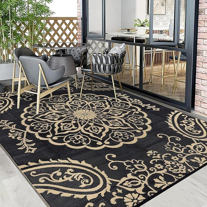 Pauwer Waterproof Outdoor Rug 8x10, Reversible Plastic Straw Patio Camping Rug, Indoor Outdoor RV Mat Carpet for Deck, Camper, Porch, Balcony, Backyard, Picnic, Boho Black Brown