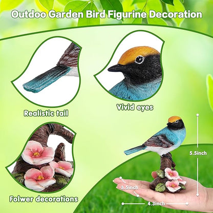 Garden Bird Statue for Outdoor Decor, Blue Bird Figurine Perched on Branch with Pink Flowers for Backyard Yard Patio, Bird Decorations for Home Shelf, Mother's Day Birthday Gifts