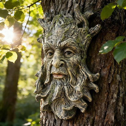 Teaeeno Whimsical Tree Face Garden Decoration, 10.2 in Tree Faces Decor Outdoor Wallmounted Statue Art with Leaf Features, Outdoor Decor Garden Accessory (Nature and Outdoors)