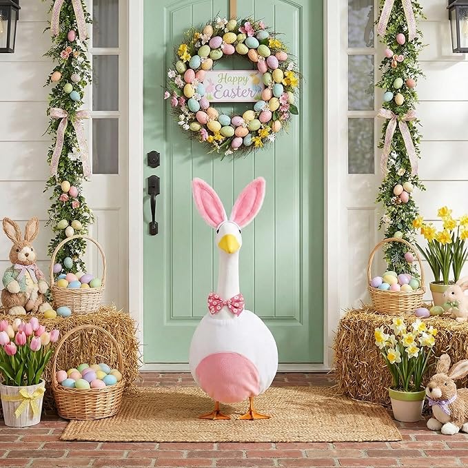 Abbylike 1 Set Easter Bunny Porch Goose Outfits Easter Yard Goose Clothes Costume with Bunny Ears Headband Fits Large 23'' Cement for Spring Outdoor Garden Yard Patio Statue Pathway Art Decorations