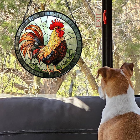 Stained Glass Window Hanging - Rooster Suncatcher for Doors Garden Patio Retro PColored Chicken Sun Catchers Decor Christmas Mother's Day Birthday Gifts for Women Men Mom Nana Friend 9.8 in