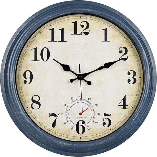 Large Outdoor Clocks Waterproof with Thermometer Combo Rustic Coastal Wall Clock Decor for Bathroom Patio Pool (16 Inch,Blue)
