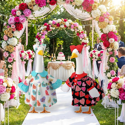 Abbylike 2 Set Weeding Porch Goose Outfit Conversation Heart Yard Goose Costume Clothes Fits Large 23'' Cement for Valentine's Day Garden Pathway Statue Decor