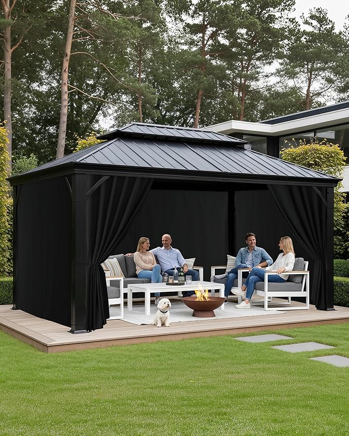 Patio Curtains Outdoor Waterproof - 10'Wx12'Lx7'H Weatherproof Pergola Outside Curtains, Gazebo Universal Replacement Privacy Curtains, 4 Panels Sidewall Drapes with Zipper, Black
