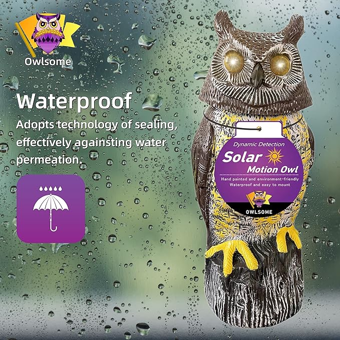 Owlsome Solar Owl with Glowing Eyes, Rotating Head, Hoot Sound, Motion Detector and Silent Mode, Plastic Owl Garden Sculpture, Garden Decoration