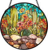 Western Cactus Suncatchers Stained Glass Window Hanging, Southwestern Cactus Landscape Sun Catchers Indoor Window Glass Round Wall Decor, Western Wall Hanging Decorations, 7.9x7.9in