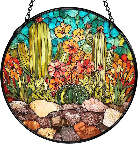 Western Cactus Suncatchers Stained Glass Window Hanging, Southwestern Cactus Landscape Sun Catchers Indoor Window Glass Round Wall Decor, Western Wall Hanging Decorations, 7.9x7.9in