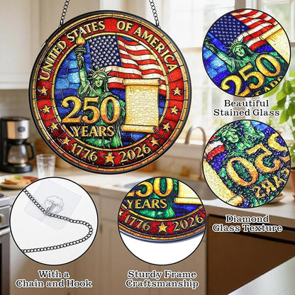 250th Anniversary USA Suncatcher - Patriotic Stained Glass Window Hanging for 4th of July Decorations - Vibrant Independence Day Decor for Home & Garden, Perfect 250 Anniversary USA Merchandise Gift