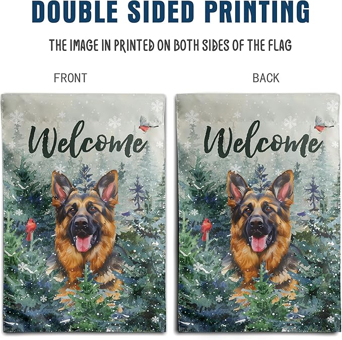 Welcome Winter Garden Flags German Shepherd Garden Flag Cardinal Birds on Snowy Pine Tree Flag Dog Yard Flags for Outside 12x18 Double Sided Christmas Decorative