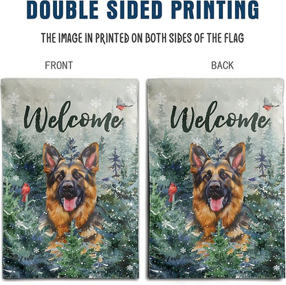 Welcome Winter Garden Flags German Shepherd Garden Flag Cardinal Birds on Snowy Pine Tree Flag Dog Yard Flags for Outside 12x18 Double Sided Christmas Decorative