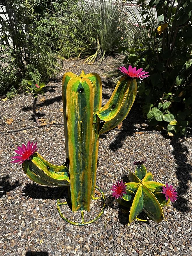 Colorful Metal Saguaro Cactus with Flowers - Handmade Garden Decor (Multicolor)