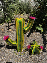 Colorful Metal Saguaro Cactus with Flowers - Handmade Garden Decor (Multicolor)