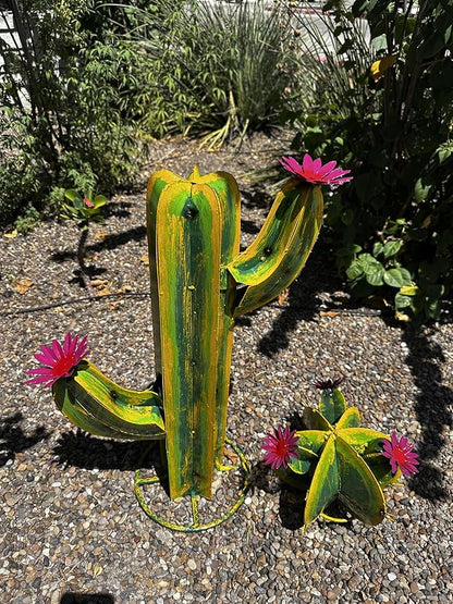 Colorful Metal Saguaro Cactus with Flowers - Handmade Garden Decor (Multicolor)