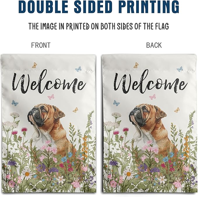 Spring Summer Garden Flag Floral English Bulldog Yard Flag Flower Dog Garden Flags for Outside Small Outdoor Welcome Flags 12x18 Double Sided