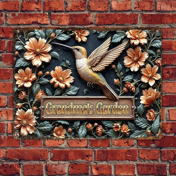Custom Garden Signs Personalized Metal Tin Sign for Women, Hummingbird Metal Sign for Outdoor, Patio, Yard Rustic Home Decor Gift for Mothers Day, Grandmas, and Gardening Lovers