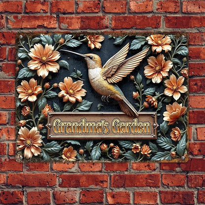 Custom Garden Signs Personalized Metal Tin Sign for Women, Hummingbird Metal Sign for Outdoor, Patio, Yard Rustic Home Decor Gift for Mothers Day, Grandmas, and Gardening Lovers