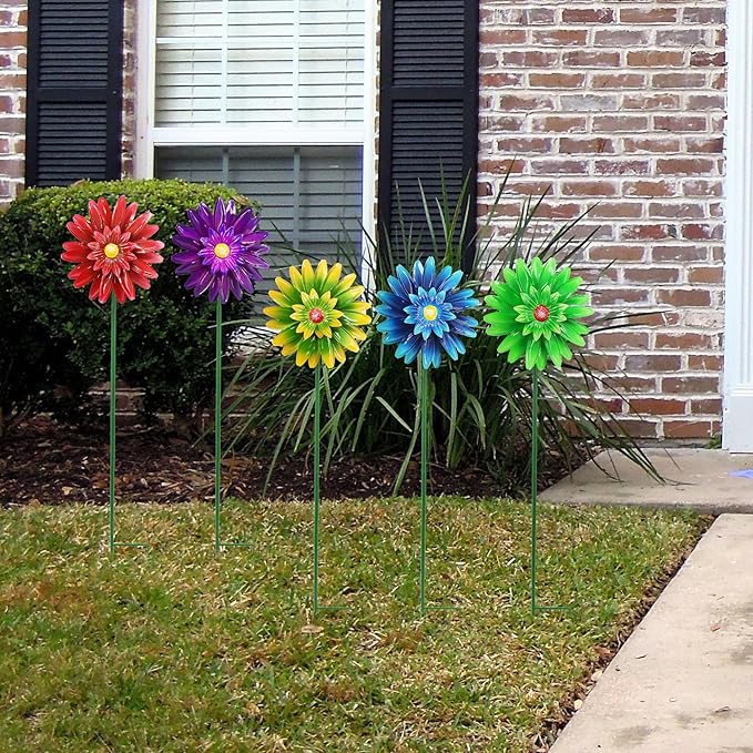 Metal Flower Wind Spinner Garden Lawn Stakes Yard Art, 27 inch Lawn Windmill Ornaments Outside Garden Decorations Outdoor for Yard, 5 Pieces Windmill Gardening Porch Outdoor Valentines Decoration Gift