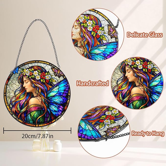 Stained Glass Window Hanging Suncatcher, 8" Round Fairy Butterfly Sun Catcher, Colorful Decorative Glass Art for Outdoor Indoor Home Garden, Gift for Mom & Wife