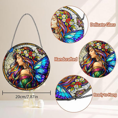 Stained Glass Window Hanging Suncatcher, 8" Round Fairy Butterfly Sun Catcher, Colorful Decorative Glass Art for Outdoor Indoor Home Garden, Gift for Mom & Wife