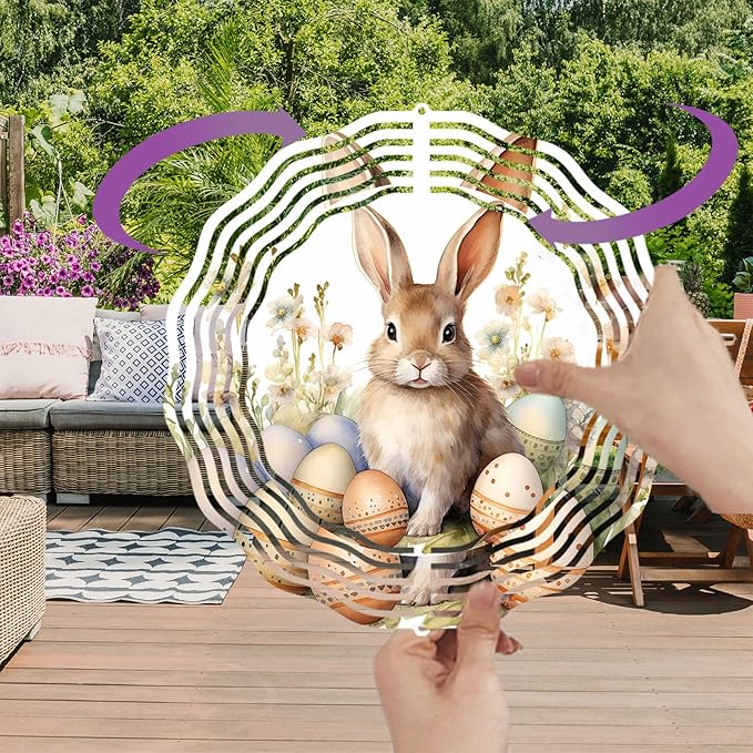 Easter Bunny Wind Spinner Easter Day Gifts 3D Metal Kinetic Hanging Wind Sculpture Spinners for Yard and Garden Indoor Outdoor Window Easter Rabbit Yard Art Garden Decoration 8 Inch (Bunny 1)