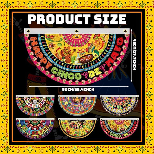 6 Pcs Cinco De Mayo Bunting Fan Flag Mexican Fiesta Half Fan Banners 1.5 x 3ft Donkey Hanging Flag Banner Tacos Cactus Bunting Decoration for Outdoor Indoor Garden Yard Party Decor(Mexican)