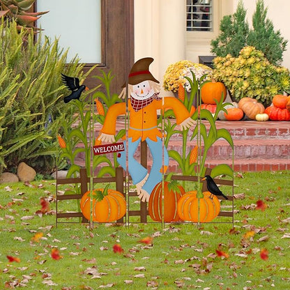 Glitzhome 5-Piece Modular Yard Stake Set, 41.5 Inch Scarecrow & Corn Fall Decor - Rust-Proof Metal Farmhouse Outdoor Decor for Thanksgiving Harvest