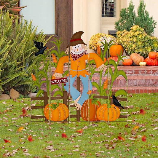 Glitzhome 5-Piece Modular Yard Stake Set, 41.5 Inch Scarecrow & Corn Fall Decor - Rust-Proof Metal Farmhouse Outdoor Decor for Thanksgiving Harvest