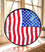 Stained Glass Window Hanging Suncatchers with Patriotic American Flag 12.6", Vibrant Glass Panel with Metal Chain for Home Decor Gift for Women Mother's Day, Birthday, Men, and Mom