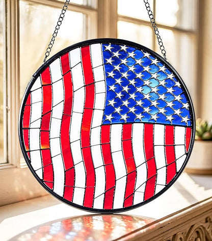 Stained Glass Window Hanging Suncatchers with Patriotic American Flag 12.6", Vibrant Glass Panel with Metal Chain for Home Decor Gift for Women Mother's Day, Birthday, Men, and Mom