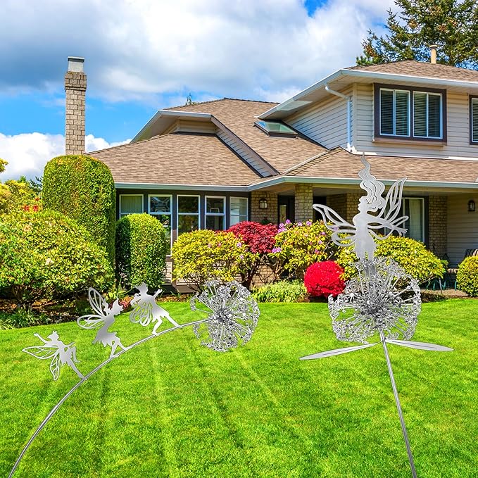 2 Pcs Dancing Fairy Dandelion Garden Sculptures Metal Art Outdoor Ornaments Whimsical Flower Fairy Silhouette Statues for Yard Lawn Patio Landscape Decor Adding Enchanting Magic to Outdoor Space