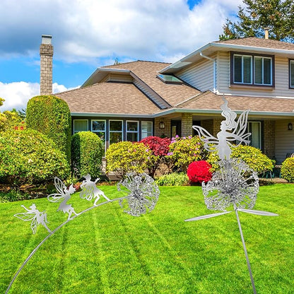 2 Pcs Dancing Fairy Dandelion Garden Sculptures Metal Art Outdoor Ornaments Whimsical Flower Fairy Silhouette Statues for Yard Lawn Patio Landscape Decor Adding Enchanting Magic to Outdoor Space