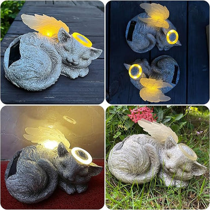 Banax Solar Powered Cat Angel Pet Memorial Tombstone Statue, Big Resin Cat Statue with Angel Wings, Pet Tribute for Tombstone or Outdoor Backyard Garden