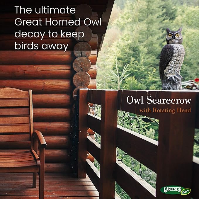 GARDENEER Dalen Rotating Head Great Horned Owl – 18" Life-Sized Garden Decoy – Bird & Pest Repellent – Weather-Resistant – Realistic, Hand-Painted Design – Outdoor Garden Scarecrow