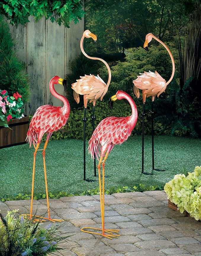 Zingz & Thingz Durable Iron Outdoor Garden Décor Bright Pink Standing Flamingo Statue, 14.25x7.75x33, Looking Back