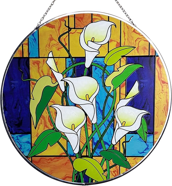 Hanway Suncatcher in Colorful Stained Glass 12" Dia - Genuine Brightly Colored Glass, Protective Metal Edge, Ready to Use Hanging Chain, for Window, Garden (Alocasia)