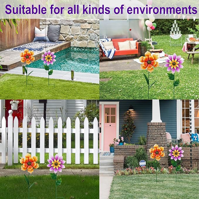 Metal Retro Flower Wind Spinner Art, Guangxie Yard Decorations Outdoor - 2 Pack for Outdoor, Patio, Backyard and Flower Bed Spring Decor (Orange & Purple)