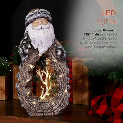 Alpine Corporation 21" Tall Santa Christmas Statue with Carved Wood Look and 16 Warm LED Lights, Timer Function, Indoor/Outdoor Holiday Decoration for Porch or Entryway