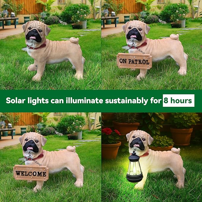 Pug Dog Garden Statue with Solar Lantern & Welcome Sign, 11" Cute Resin Animal Figurine Outdoor Decor, Weatherproof Pet Sculpture for Patio Yard Porch Lawn, Dog Lover Gifts (4.2 LBS)